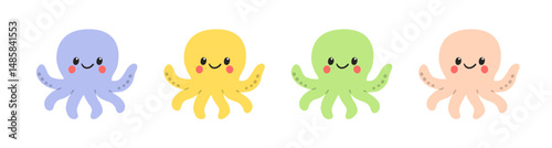 Cute cartoon-style octopuses in pastel colors. Happy sea creatures with smiling faces and blushing cheeks vector illustration