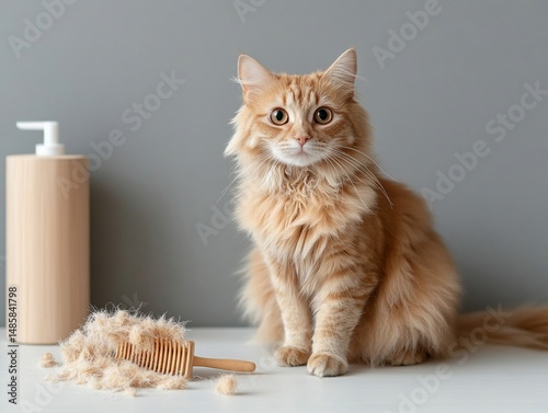 Cat grooming brush with loose fur on white surface