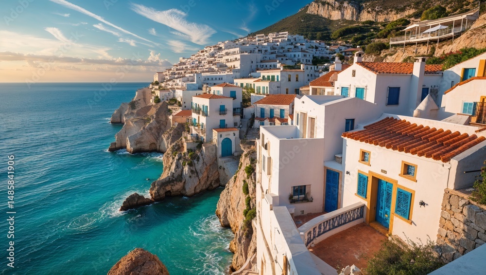 Fototapeta premium Stunning Coastal Village Overlooking Serene Blue Waters at Sunset with Dramatic Cliffs and Charming Whitewashed Architecture