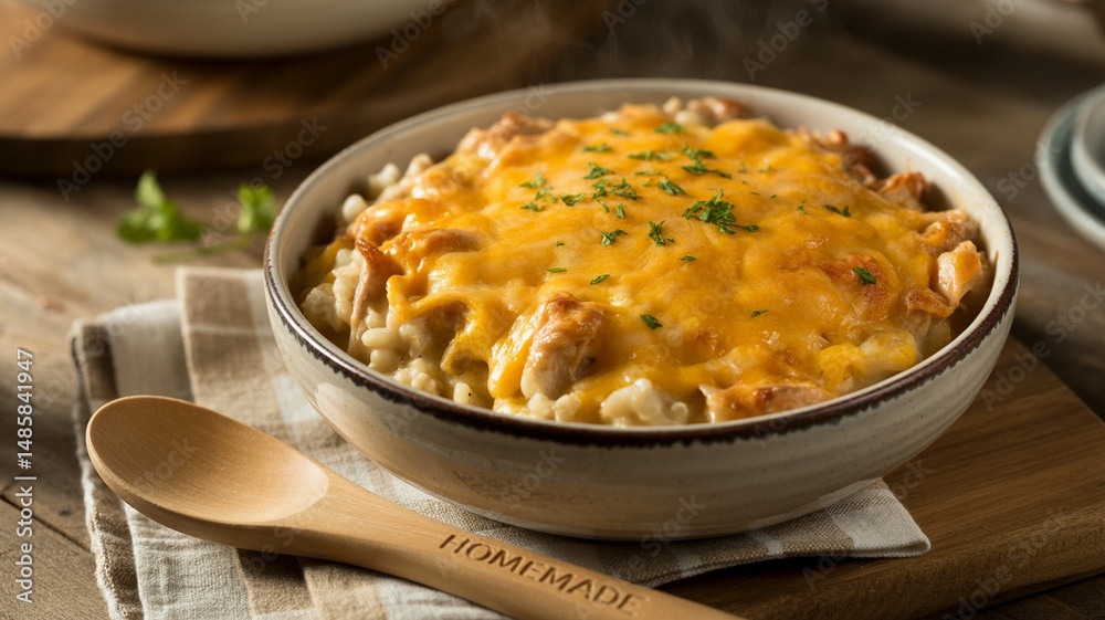 Creamy baked comfort food combining tender chicken, rice, and a cheesy, savory sauce Creamy baked comfort food combining tender chicken, rice, and a cheesy, savory sauce
