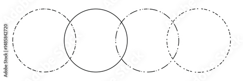 Venn diagram blank merge four dash line and dotted line circles chart infographic sign. 4 cross circles for data statistics presentation. Line art vector empty venn diagram illustration.