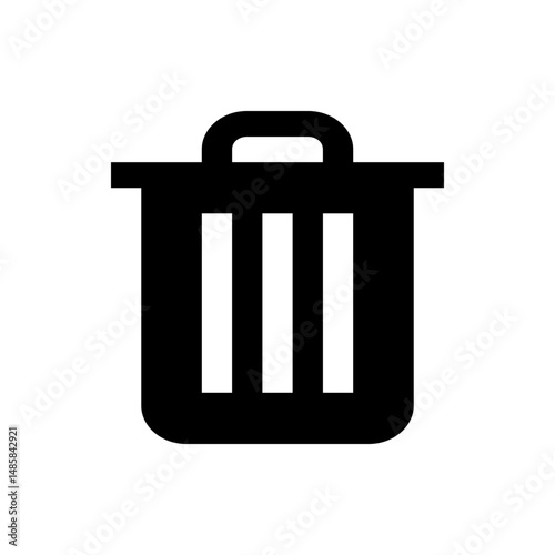 Illustration of a black trash can with a handle and three white vertical lines on a white background icon