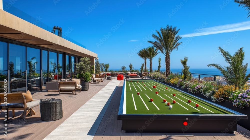 Fototapeta premium luxury rooftop deck with bocce ball court and ocean view