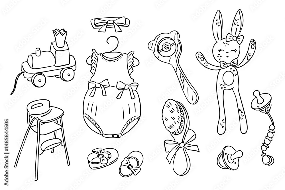 Obraz premium Set of hand drawn baby girl items including romper, toys, pacifiers, shoes and accessories. Concept of newborn care, childhood and baby shower gift elements