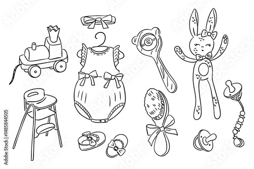 Set of hand drawn baby girl items including romper, toys, pacifiers, shoes and accessories. Concept of newborn care, childhood and baby shower gift elements