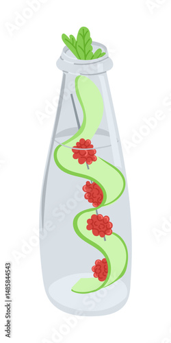 Hand drawn vector of a bottle filled with cucumber, raspberry and mint leaves. Concept of detox drink, freshness and healthy lifestyle with natural ingredients
