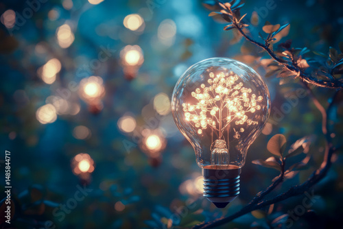 A light bulb is lit up and is surrounded by a tree