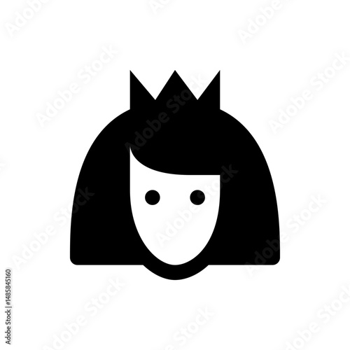 Illustration of a queen with a crown and short hair in black and white simple design graphic representation