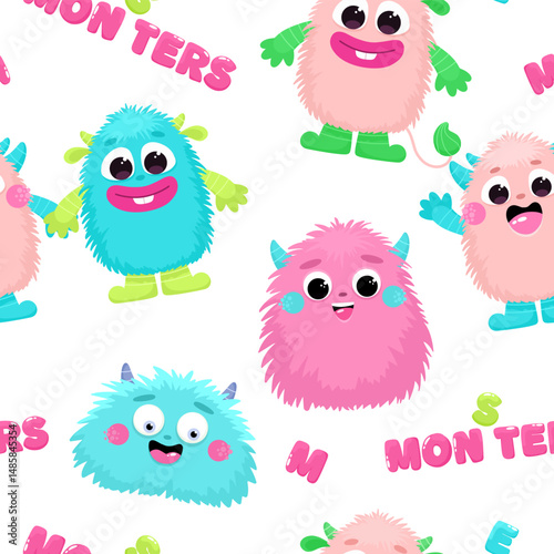 Seamless pattern with cute fluffy monsters, children's print