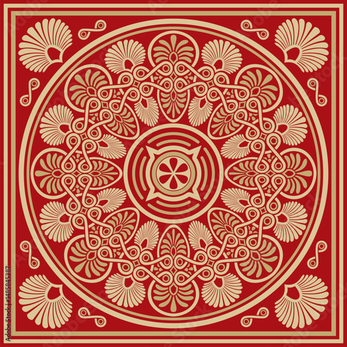 Vector gold with red classic Greek square ornament. Rectangle of Ancient Greece and Roman Empire. Byzantine painting of walls, floors and ceilings. Decoration of European palaces.
