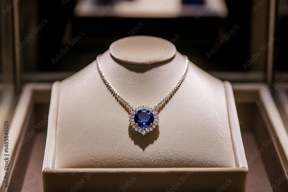 A sapphire and diamond necklace resting on a soft ivory velvet tray, illuminated by a focused warm spotlight in a retail display A sapphire and diamond necklace resting on a soft ivory velvet tray, illuminated by a focused warm spotlight in a retail display