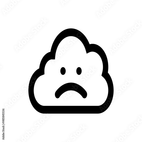 Illustration of a cloud with a sad face featuring two dots for eyes and a curved line for a mouth