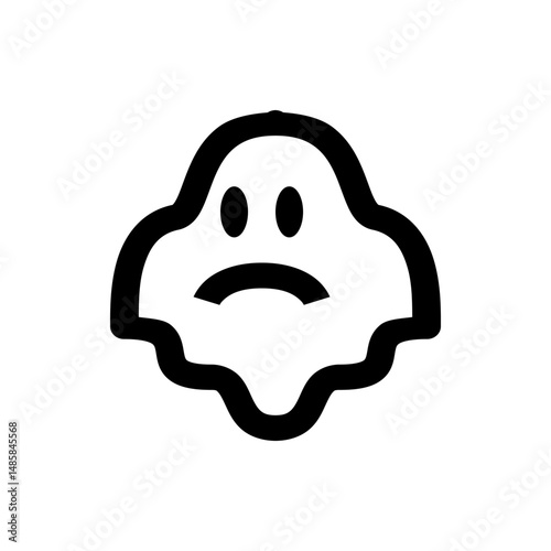 Illustration of a simple black and white ghost with a sad expression and rounded features on a white background