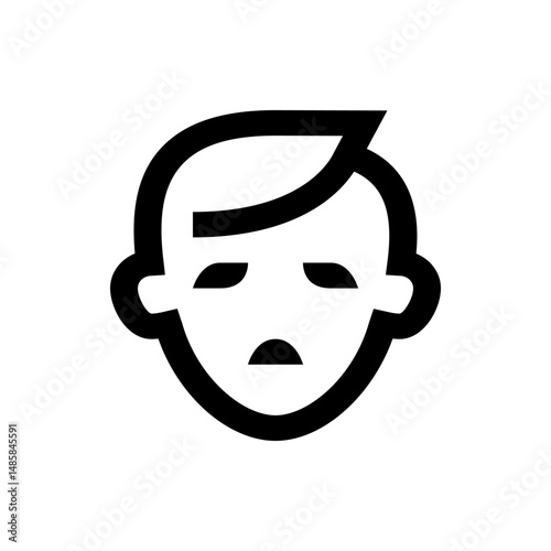 Illustration of a simple face with sad expression and hair on the forehead in black and white color scheme