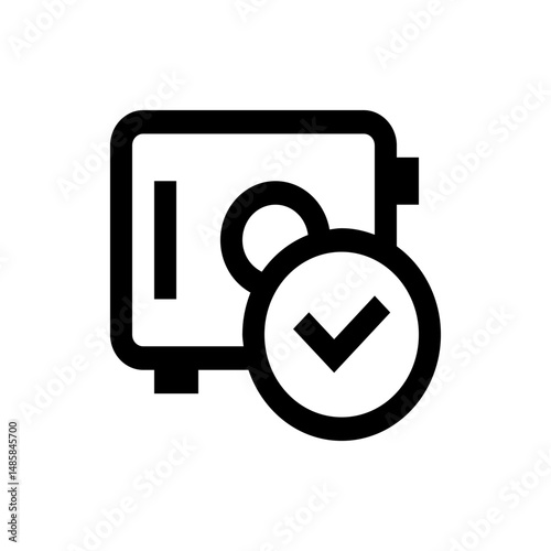 Safe icon with check mark indicating security and protection for assets and data in black and white style