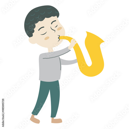 Boy playing saxophone cartoon