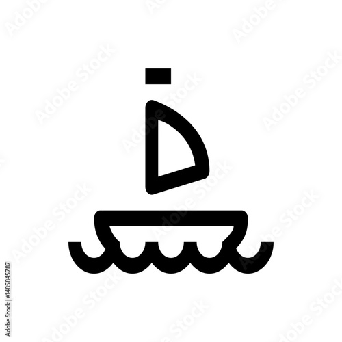 A simple black and white illustration of a sailboat on water with waves and a single sail design element