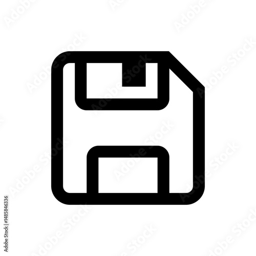 Black outlined floppy disk icon with a folded corner representing data storage and file saving format