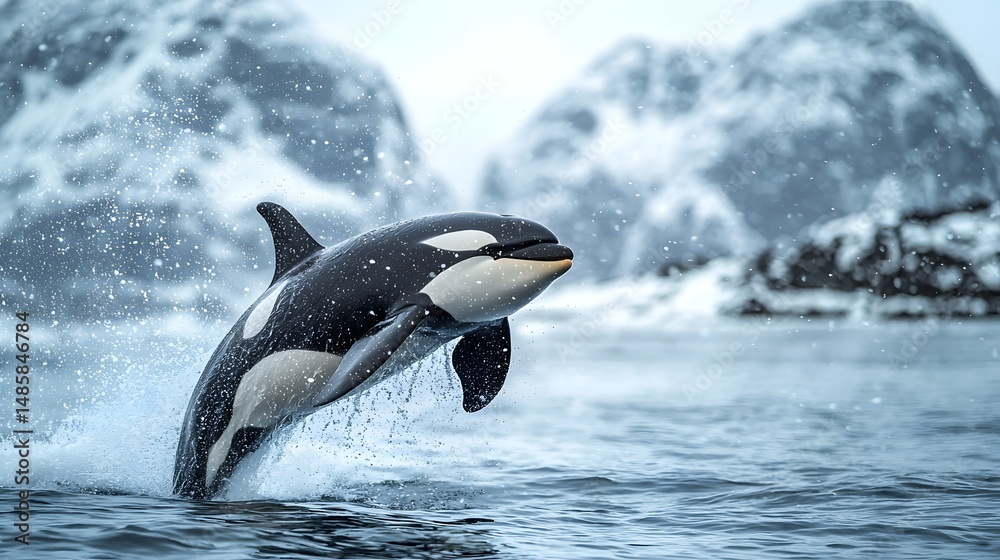 Fototapeta premium Majestic orca leaping from icy Arctic waters