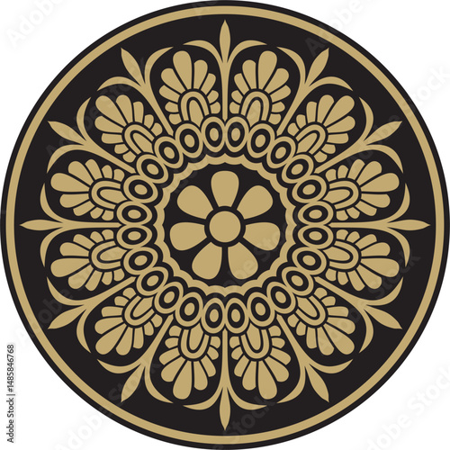 Vector gold with black classic Greek round ornament. Circle of Ancient Greece and the Roman Empire. Byzantine painting of walls, floors and ceilings. Decoration of European palaces.
