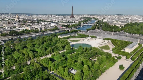 Tuileries Gardens At Paris Ile De France In France. La Concorde Square Obelisk. Paris Skyline Scene. Tuileries Gardens At Paris In Ile De France France. Tuileries Fountain. Tourism Landmark.