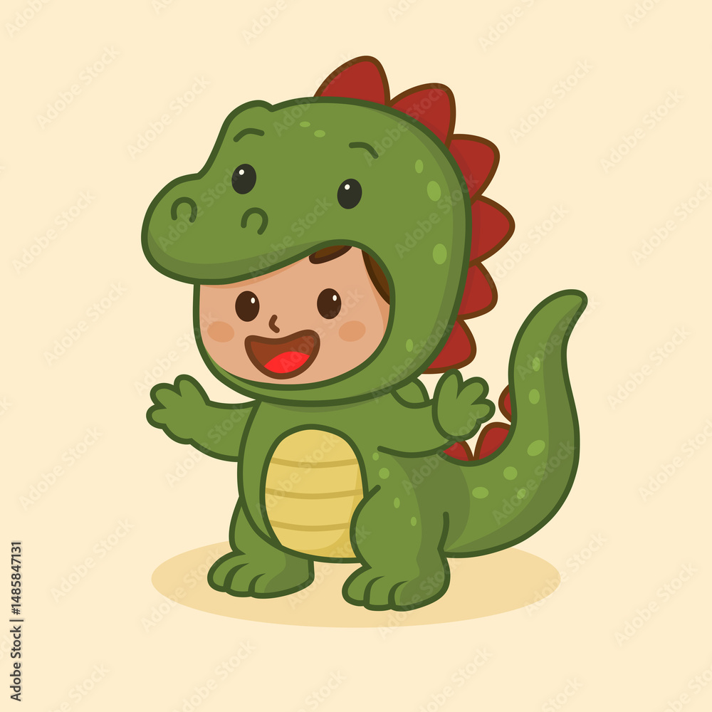 Obraz premium kartun orang dengan memakai kostum dinosaurus yang lucu