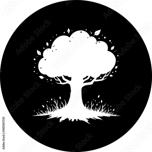 Monochrome Tree Silhouette Icon: Nature's Emblem in Circular Graphic Design