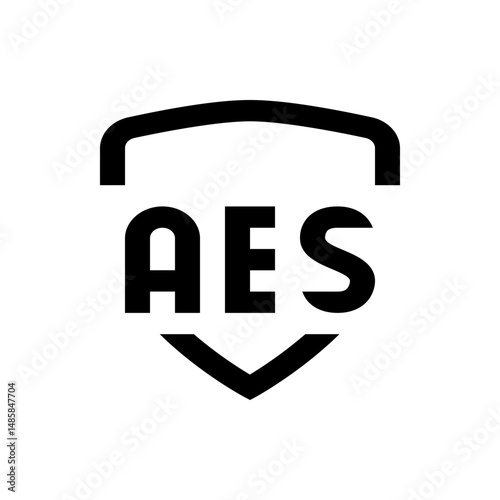 Illustration of a black aes acronym inside a shield shape with a pointed bottom on a white background