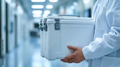 Close-up of hands gripping a white cooler box with black clasps in a hospital corridor.