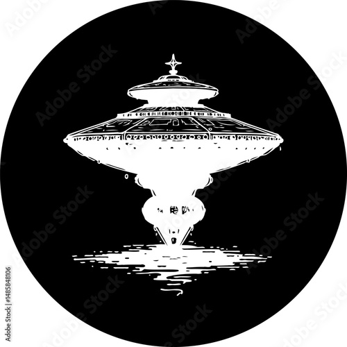 Monochromatic depiction of a science fiction structure, isolated on black backdrop
