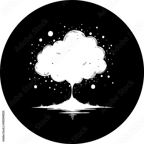 Stylized tree illustration on black background evoking serenity and nature's charm