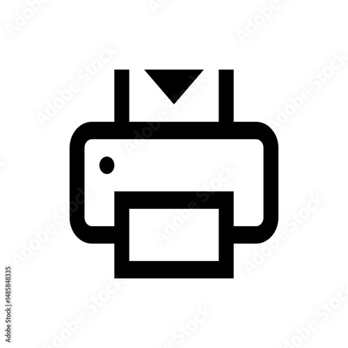 Illustration of a printer with paper being fed in and a button on the left side in black and white style