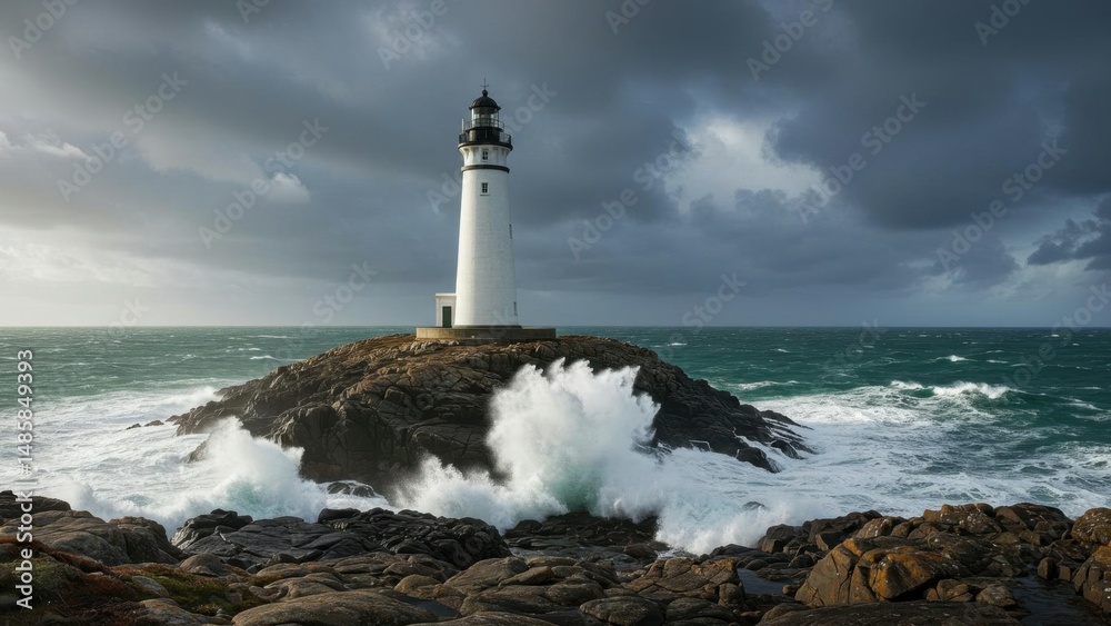 Obraz premium Lighthouse on rocky island being crashed by ocean waves