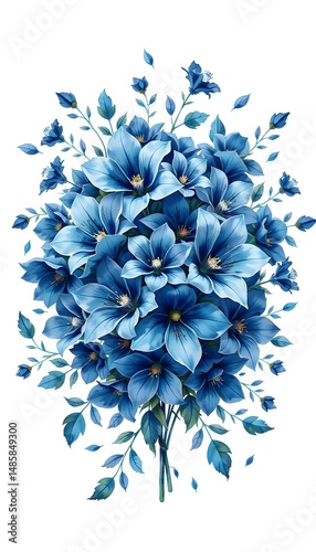 A vibrant bouquet of blue flowers with green  tipped leaves against a white background. 