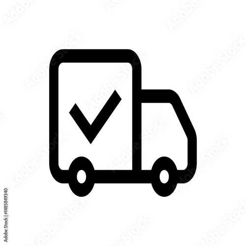 Black outline of a delivery truck with a check mark inside the cargo area on a white background icon image