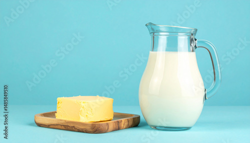 Retro Style Buttermilk Bottle Isolated on Light Blue Background, Vintage Dairy Product Design