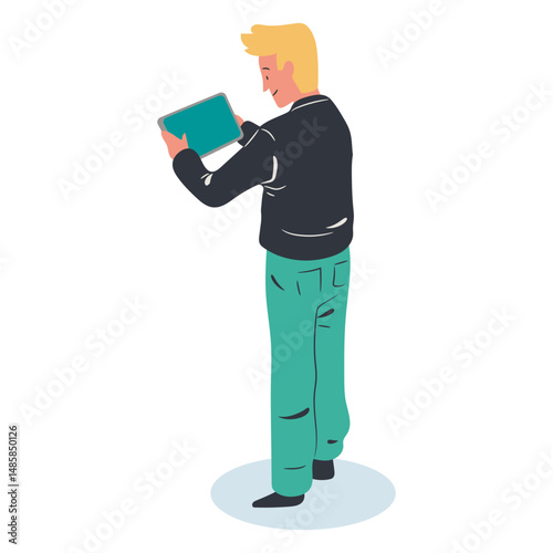Blonde guy tablet character isometric