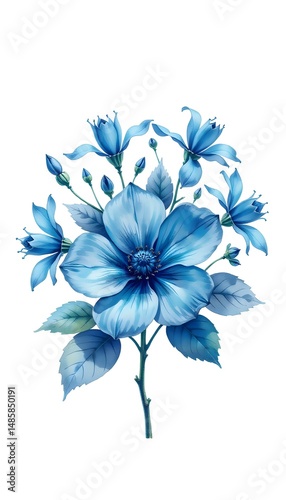 A vibrant blue  flowered arrangement with multiple blooms and green leaves on a white background. 