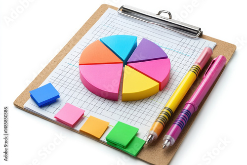Pie chart on clipboard with pen.