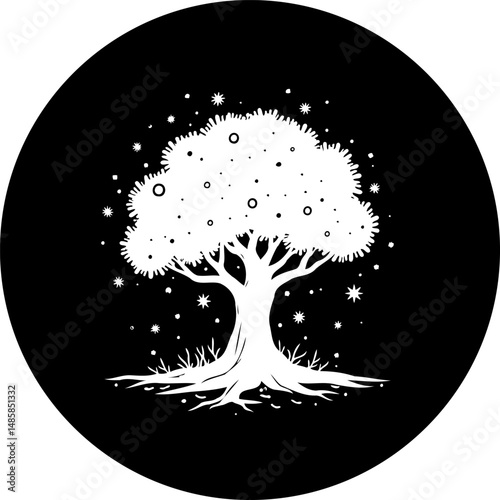 Monochrome Arboreal Illustration with Celestial Embellishments on Dark Backdrop