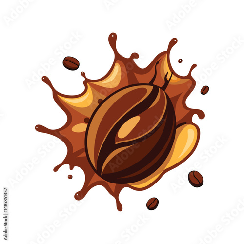 Coffee bean colliding with chocolate splash vector illustration. Roasted coffee beans with liquid chocolate swirl splash effect.

