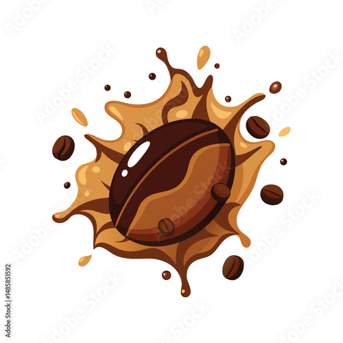 Coffee bean colliding with chocolate splash vector illustration. Roasted coffee beans with liquid chocolate swirl splash effect.

