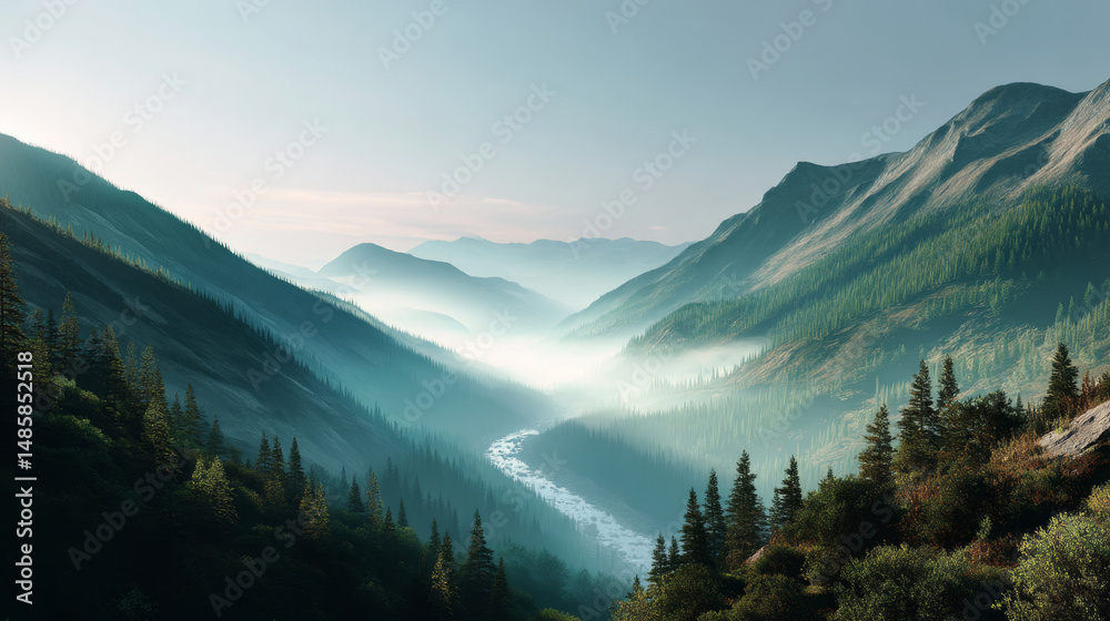 Obraz premium Expansive sunrise over vast mountain landscape with winding river through misty terrain