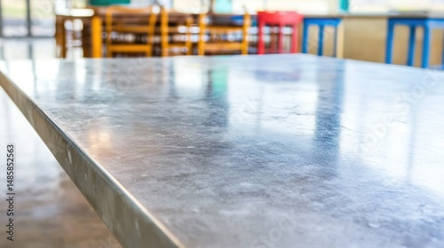 Polished metal table top with blurred restaurant interior.
