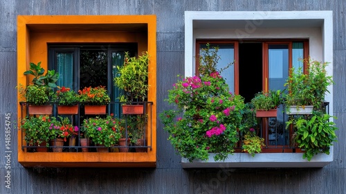 Colorful Urban Windows with Vibrant Flower Pots and Green Plants in Modern Architecture Style