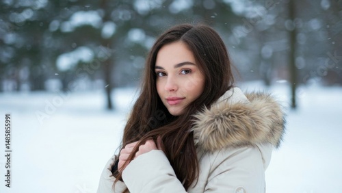 Beautiful woman in winter landscape, wearing winter coat