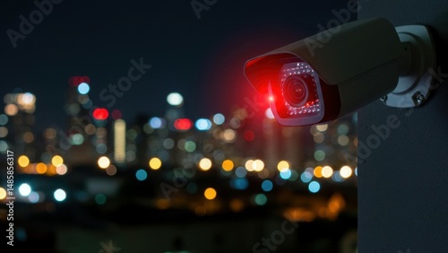 Security camera with red light, city at night