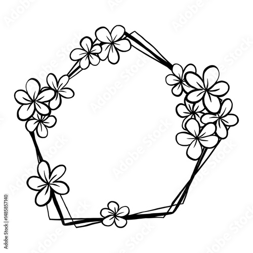 Flowers Doodle Line Pentagon Frame. Vector illustration for decorate logo, text, greeting cards and any design.