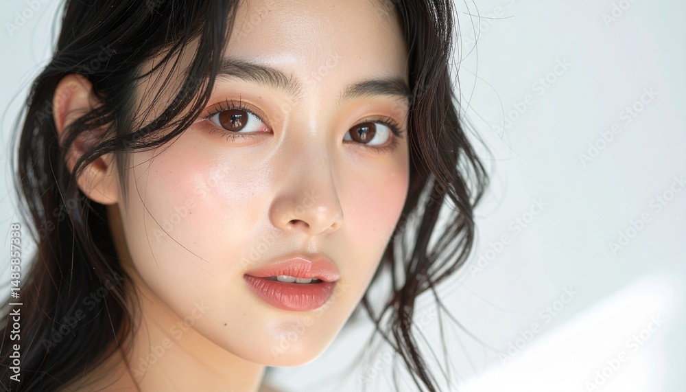Naklejka premium 日本人, 超リアル, 美しい, 若い女性, 顔, クローズアップ, 欠点のない肌, 輝く肌質, ナチュラルメイク, 柔らかなライティング, 美容CM風, シネマティック, カメラ目線, 高解像度,Japanese, ultra-realistic, beautiful, young woman, face, close-up, flawless skin, glowing complexion