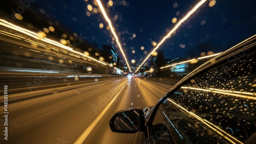 Driving at night on a rainy road with motion blur